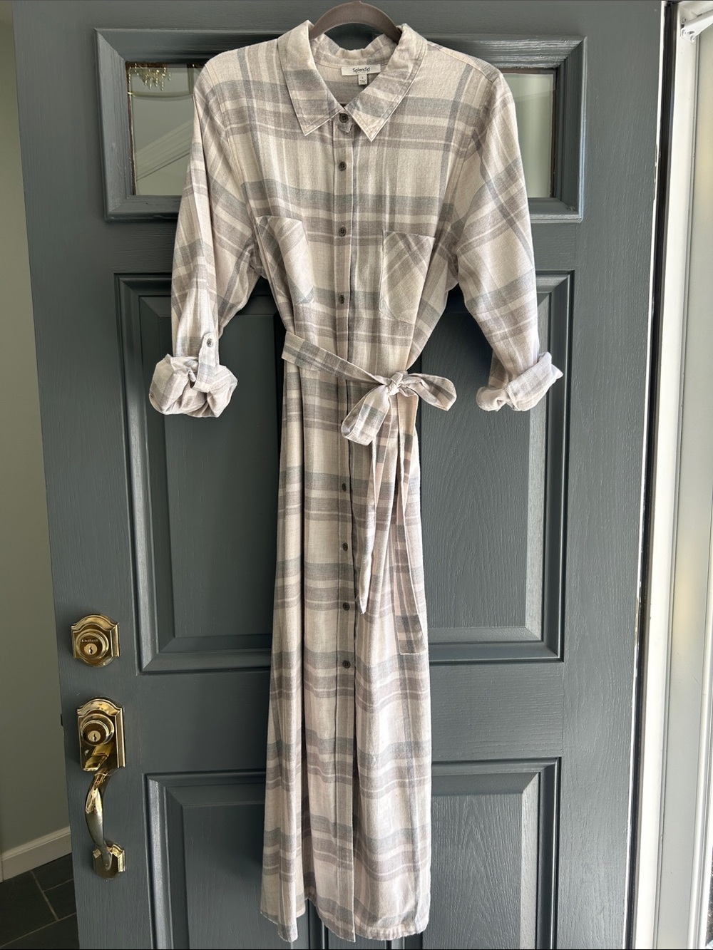 Splendid Neutral Plaid Maxi Shirt Dress in Beige and Gray